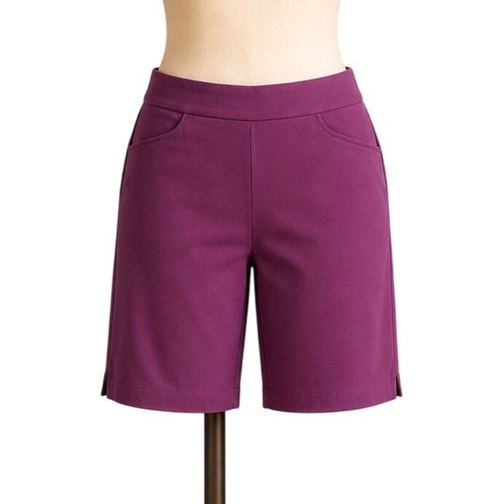 Womens Plum Purple Pull On Bermuda Shorts Flat Front Stretch Casual Mid Length M